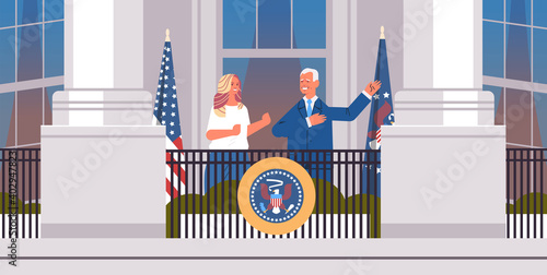 democrat winner of United States presidential election man president standing with first lady on white house balcony USA inauguration day concept horizontal full length vector illustration