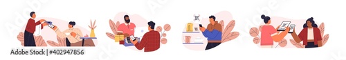 People use mobile cashless payment system or scan qr code vector flat illustration. Characters using digital banking service and application for bonuses accumulation isolated on white. Contactless pay
