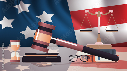 gavel and judge book on USA flag american presidential inauguration day celebration concept greeting card view horizontal vector illustration