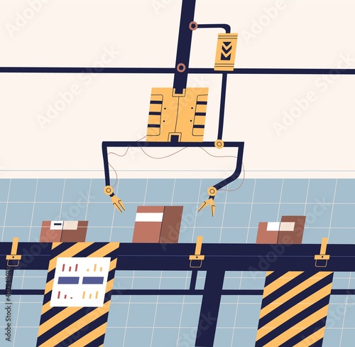 Modern factory industrial production line vector flat illustration. Conveyor belt with electronic robotic hydraulic manipulator. Process of conveying boxes or package on manufacturing mechanism