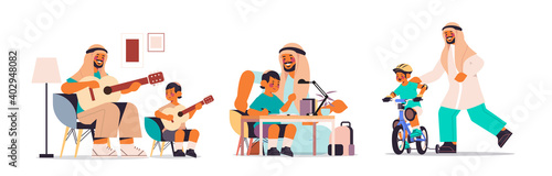 set arab father spending time with little son parenting fatherhood friendly family concept arabic dad having fun with his kid full length horizontal vector illustration
