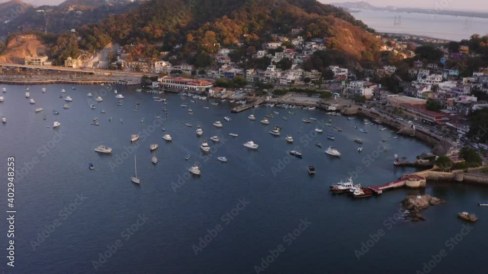 Aerial view of the boats outside of the fisher's market in downtown Manzanillo, Colima, Mexico Aerial view of the boats outside of the fisher's market in downtown Manzanillo, Colima, Mexico