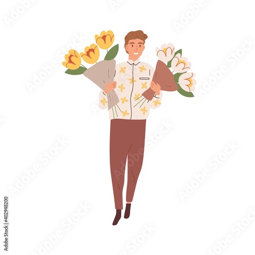 Portrait of young man holding two bouquets of blooming cut flowers vector flat illustration. Happy florist or delivery man carrying bunches of fresh plants isolated on white background