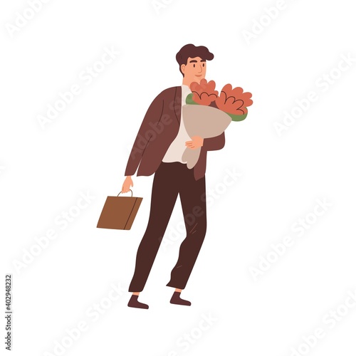 Businessman carrying bouquet of beautiful fresh red flowers vector flat illus...
