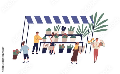 Outdoor kiosk or stall with potted plant and cut flowers vector flat illustration. Male florist work at street shop selling houseplants and bouquets isolated. People walking at local floral market