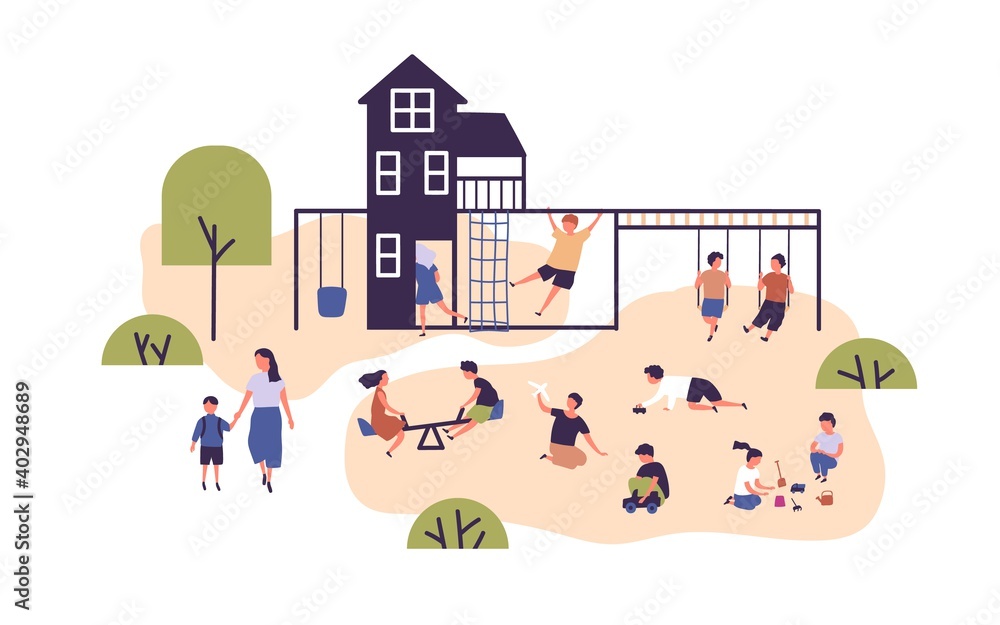 Crowd of happy children spending time at outdoor playground vector flat illustration. Kids playing with toys in sandbox, swinging, having fun at playhouse and communicating to each other isolated Crowd of happy children spending time at outdoor playground vector flat illustration. Kids playing with toys in sandbox, swinging, having fun at playhouse and communicating to each other isolated