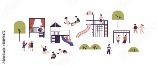 Children having fun enjoying outdoor activities vector flat illustration. Happy boys and girls playing games together, walking, swinging and communicating isolated. Kids spending time at playground