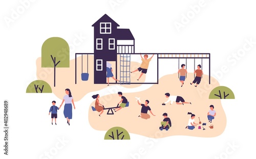 Crowd of happy children spending time at outdoor playground vector flat illustration. Kids playing with toys in sandbox, swinging, having fun at playhouse and communicating to each other isolated