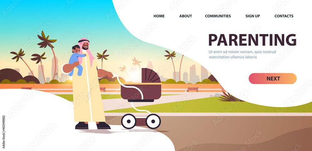 arab father walking outdoor with little baby son fatherhood parenting concept dad spending time with his kid cityscape background horizontal full length copy space vector illustration