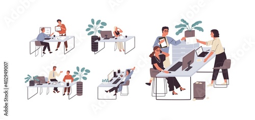 Set of office clerks communicating, having break, working with computer and documents at workplaces. Collection of colleagues chatting. Everyday routine. Flat vector illustration isolated on white