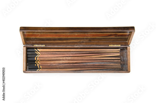 Isolated of Wooden chopsticks in wooden box