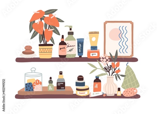 Bottles with cleansing and moisturizing cosmetics products on bathroom shelves. Cream tubes, shower gel, shampoo and other stuff for skin care. Flat vector illustration isolated on white background