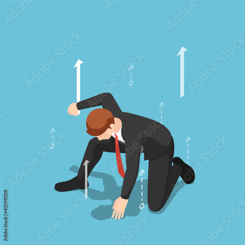 Isometric Businessman in Superhero Landing Pose with Growth Arrow