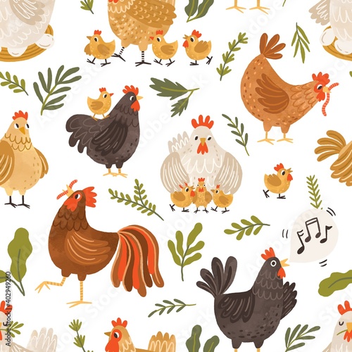 Seamless pattern with cute roosters, chickens, hens and leaves on white background. Endless repeatable backdrop with domestic birds. Colorful flat vector illustration