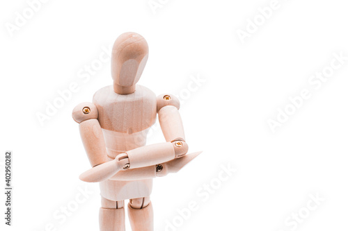 Isolated of wooden figure doll posing on white background - negative emotion concept