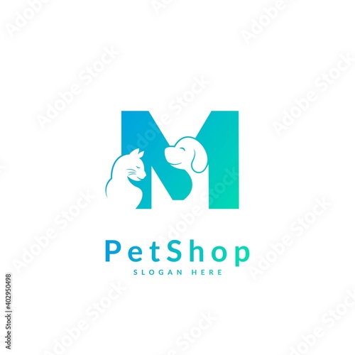 Initial letter M. Pet logo design template. Modern animal icon for store, veterinary clinic, business service. Logo with cat and dog concept.
