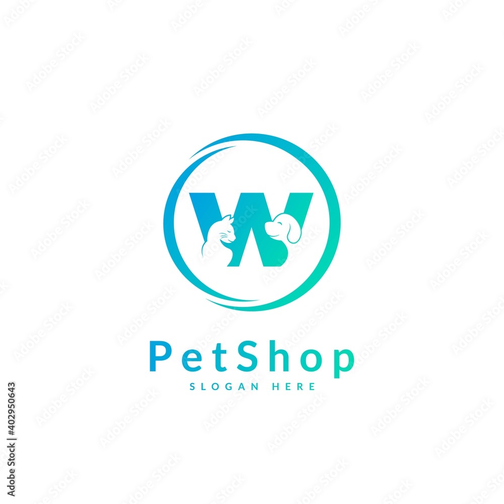 Initial letter W. Pet logo design template. Modern animal icon for store, veterinary clinic, business service. Logo with cat and dog concept. Initial letter W. Pet logo design template. Modern animal icon for store, veterinary clinic, business service. Logo with cat and dog concept.