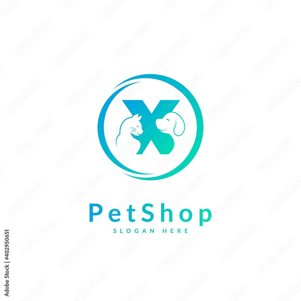 Initial letter X. Pet logo design template. Modern animal icon for store, veterinary clinic, business service. Logo with cat and dog concept. Initial letter X. Pet logo design template. Modern animal icon for store, veterinary clinic, business service. Logo with cat and dog concept.