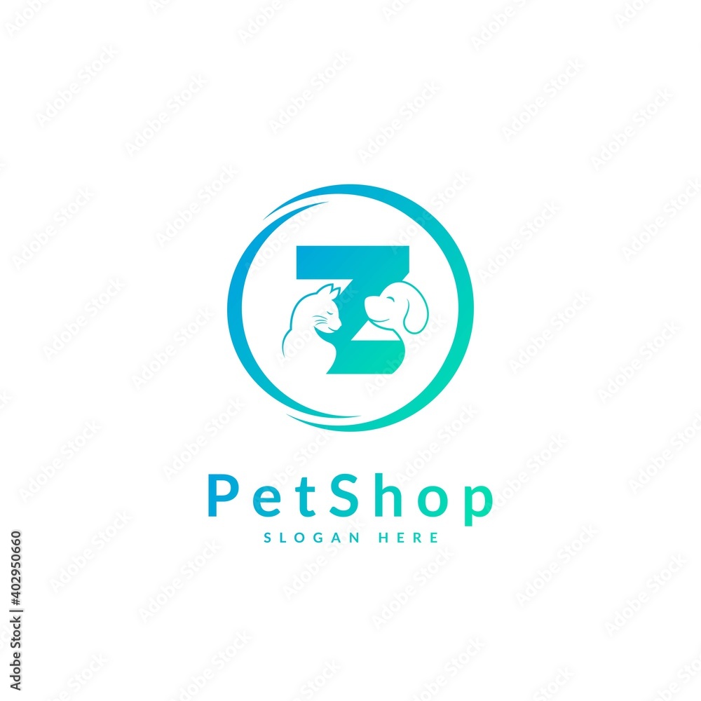 Initial letter Z. Pet logo design template. Modern animal icon for store, veterinary clinic, business service. Logo with cat and dog concept.