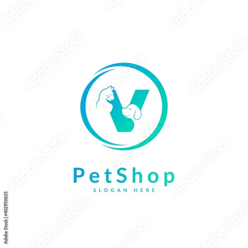 Initial letter V. Pet logo design template. Modern animal icon for store, veterinary clinic, business service. Logo with cat and dog concept.