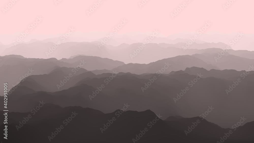 Aerial view of Majestic and dramatic foggy mountains , Flight over mountains, 3D render