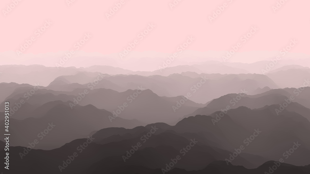 Fototapeta premium Aerial view of foggy mountains from Bird's eye, Flight over mountains, 3d render