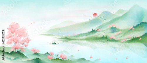 A mountain full of pink peach blossoms.Oriental ink painting，Blue Mountain ink illustration，Ink and wash landscape painting.