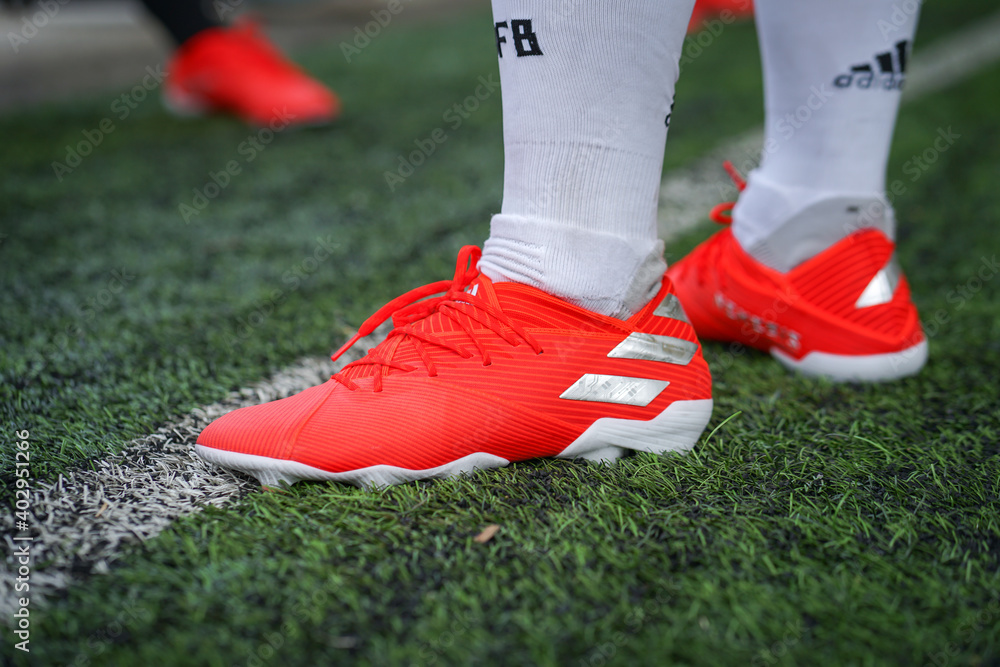 Bangkok / Thailand - May 2019 : Football player is wearing adidas "Nemeziz  19" the new model which is