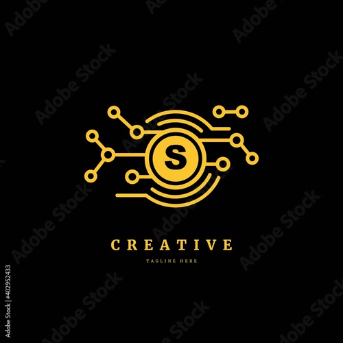 Initial letter S with connected circle. Technology logotype. Luxury dots logo design concept, fit for company and business.