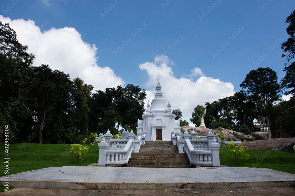 Beautiful White Stupa Shrine at outdoor garden in Wat Tham Klong phen forest temple for Thai people and foreign travelers travel visit respect praying at Phu Phan mountain in Nong Bua Lamphu, Thailand