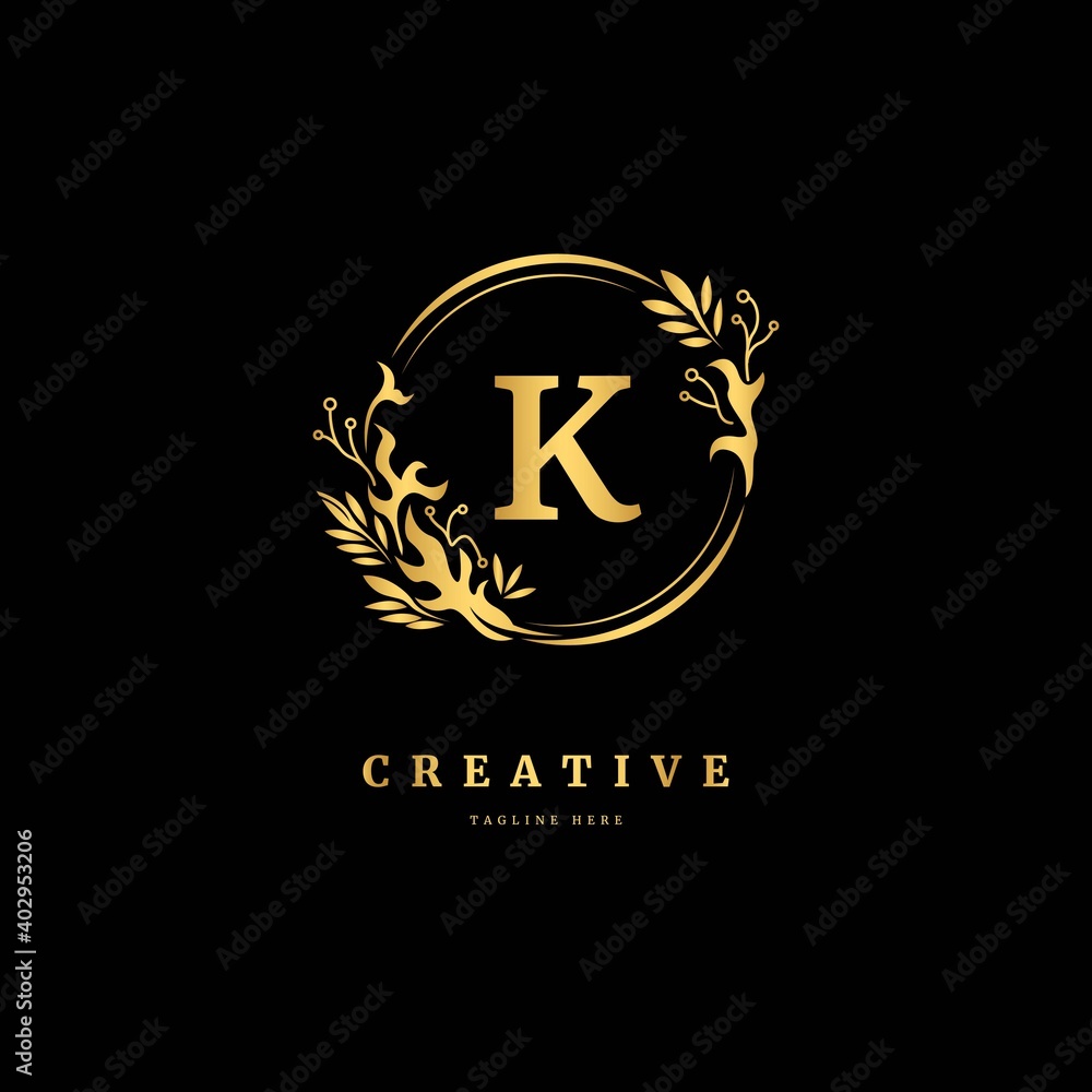 Initial letter K with leaf logo vector concept element, letter K logo with floral ornament Initial letter K with leaf logo vector concept element, letter K logo with floral ornament