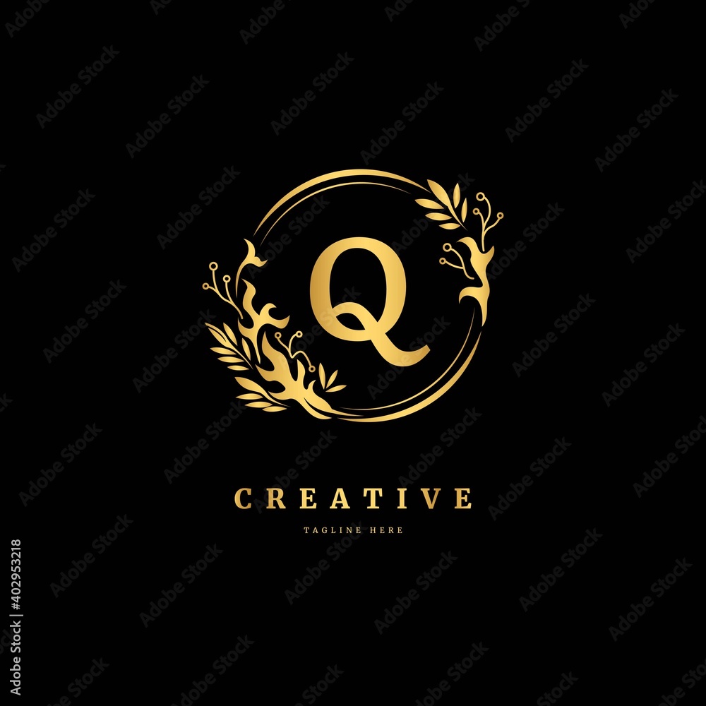 Initial letter Q with leaf logo vector concept element, letter Q logo with floral ornament Initial letter Q with leaf logo vector concept element, letter Q logo with floral ornament