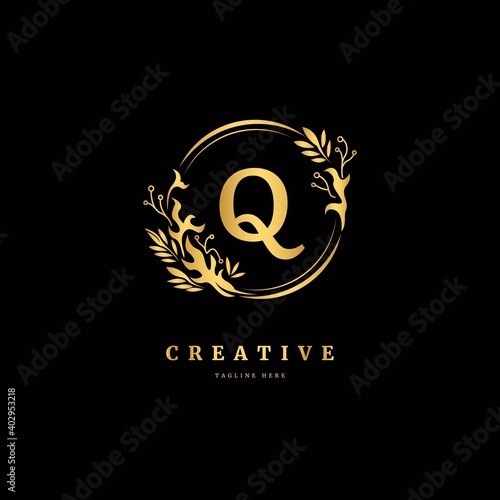Initial letter Q with leaf logo vector concept element  letter Q logo with floral ornament