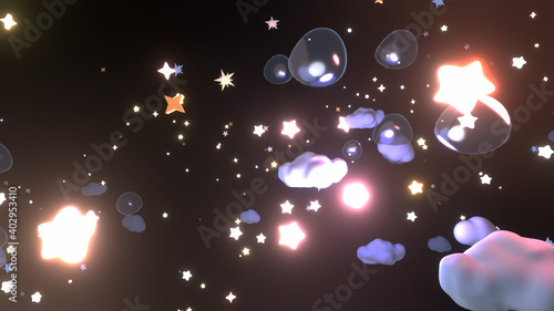 Cartoon glowing stars, white clouds, and bubbles in the sky at night. 3d rendering picture.