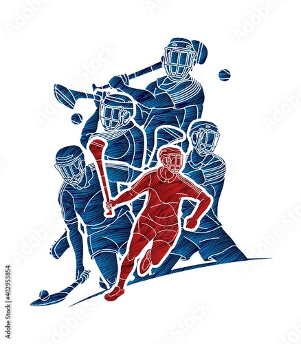 Group of Hurling sport players action. Irish Hurley sport cartoon graphic vector.