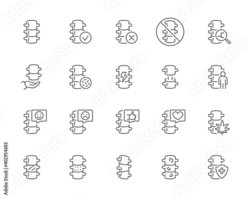 Set of human spine line icon. Healthy vertebral column, spinal canal illness diagnosis, treatment and more.
