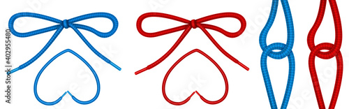 Shoelaces tied in knot and bow, shoe ropes in heart shape and hinge. Vector realistic set of footwear or clothing laces, red and blue boot cords isolated on white background