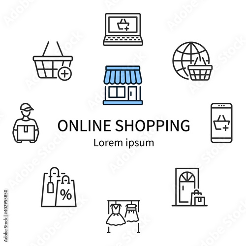 Online shopping circle banner with flat line icon. Template for online store. Any text can be written in the center
