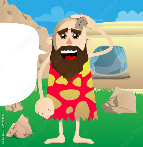 Cartoon man from a prehistoric era confused. Vector illustration of a man from the stone age scratching his head.