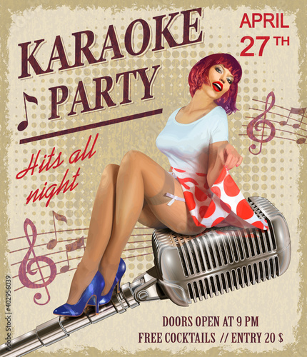 Karaoke vintage poster with sexy pin-up girl.