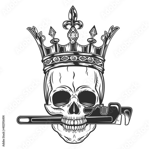 Vintage monochrome skull builder from new construction with crown wrenches plumbing and gas pipes isolated vector illustration