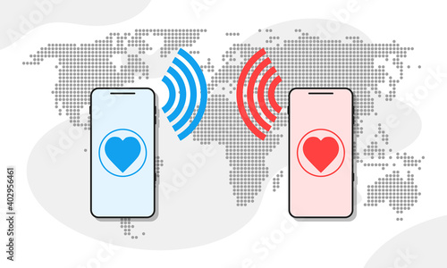 two cellphones with pink and blue colored heart shapes, distant relationship concept