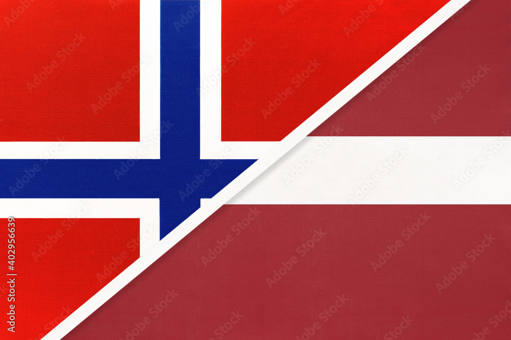 Fototapeta premium Norway and Latvia, symbol of national flags from textile.