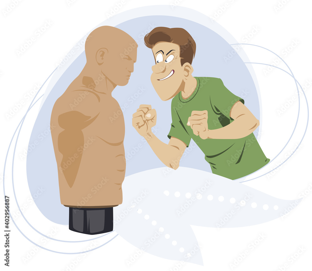 Young guy threatens a boxing maneken. Training with punching bag. Illustration for internet and mobile website