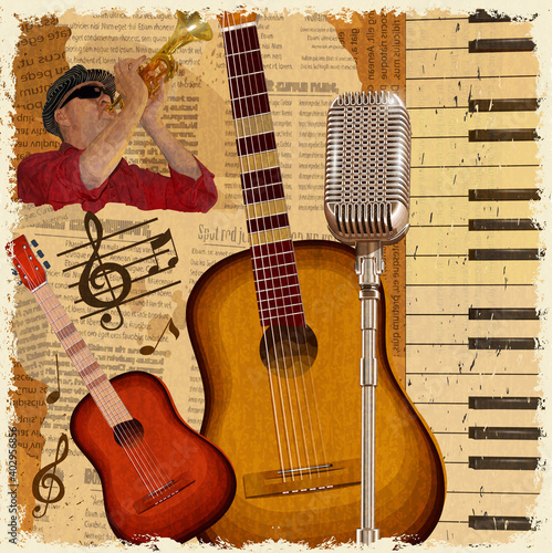 Vintage poster with musical instruments and musician.