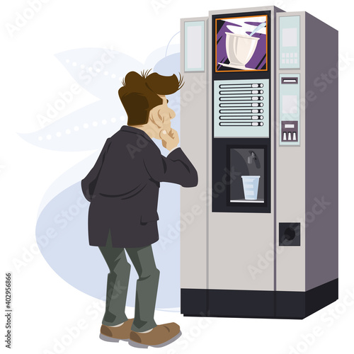 Pensive man near coffee vending machine. Illustration for internet and mobile website.