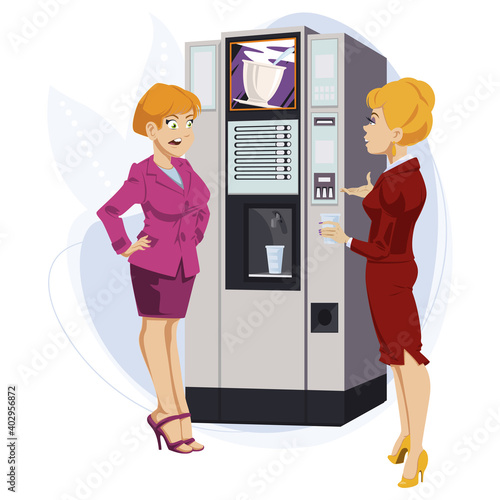 Girls near coffee vending machine. Illustration for internet and mobile website.