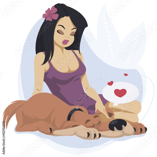 Beautiful girl caresses dog. Illustration for internet and mobile website.