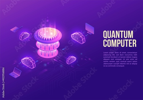 Quantum computer futuristic processor, chip with network, isometric vector illustration, glowing purple design, innovation cloud computing technology