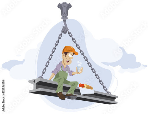 Builder has lunch at workplace. Illustration for internet and mobile website.